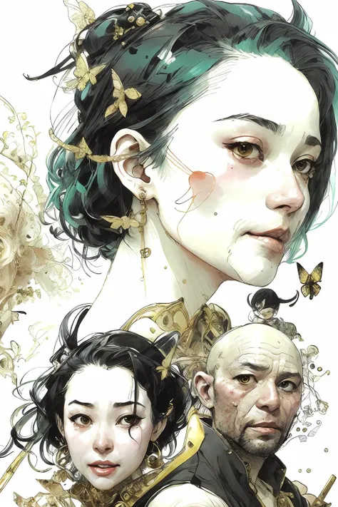 kimjunggi style, kimjunggis style, sketch of beautiful cyborg, art by artgerm and ruan jia and greg rutkowski surreal painting gold butterfly filigree, broken glass, underground comic