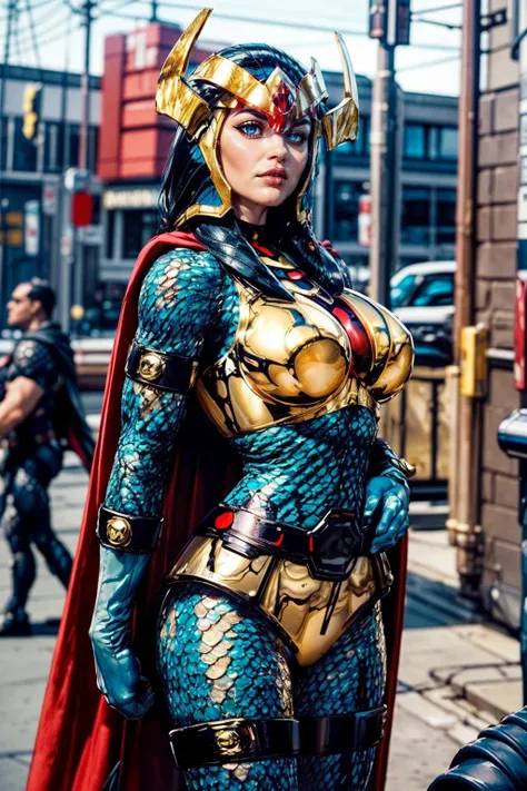 (ultra realistic,32k, masterpiece:1.2),(high detailed skin:1.1),( high quality:1.1),
<lora:CARTOON_DC_big_barda_ownwaifu:0.8>CARTOON_DC_big_barda_ownwaifu, (evil:1.1)solo, breasts, makeup, lipstick, lips, blue eyes, black hair, curvy, toned, cape, helmet, armor, red cape, gloves, superhero, bodysuit, fishnets, yellow gloves, fishnet bodysuit, shoulder armor, belt, breastplate, gold armor, horns,(blank background:1.2) blurry background,fighting pose, huge breast,large breast,<lora:add_detail:0.76>,
(refraction:1.1),