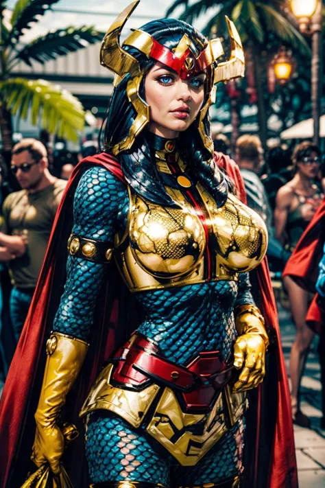 (ultra realistic,32k, masterpiece:1.2),(high detailed skin:1.1),( high quality:1.1),
<lora:CARTOON_DC_big_barda_ownwaifu:0.8>CARTOON_DC_big_barda_ownwaifu, (nosebleed:1.1)solo, breasts, makeup, lipstick, lips, blue eyes, black hair, curvy, toned, cape, helmet, armor, red cape, gloves, superhero, bodysuit, fishnets, yellow gloves, fishnet bodysuit, shoulder armor, belt, breastplate, gold armor, horns,A tropical environment with a party atmosphere and a lot of wealth blurry background,(looking at viewer, standing:1.1),, huge breast,large breast,<lora:add_detail:0.89>,
(neon pastel light:1.1),