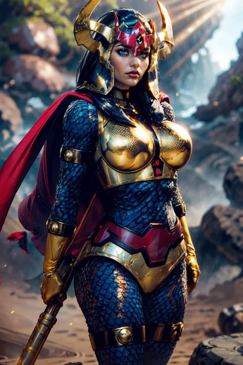 (ultra realistic,32k, masterpiece:1.2),(high detailed skin:1.1),( high quality:1.1),
<lora:CARTOON_DC_big_barda_ownwaifu:0.8>CARTOON_DC_big_barda_ownwaifu, (one eye closed:1.1)solo, breasts, makeup, lipstick, lips, blue eyes, black hair, curvy, toned, cape, helmet, armor, red cape, gloves, superhero, bodysuit, fishnets, yellow gloves, fishnet bodysuit, shoulder armor, belt, breastplate, gold armor, horns,fishing pier, tranquil waters, anglers, sunset fishing blurry background,(looking at viewer, standing from above:1.1),, huge breast,large breast,<lora:add_detail:0.87>,
(lighting:1.1),