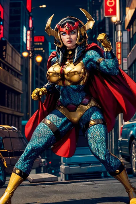 (ultra realistic,32k, masterpiece:1.2),(high detailed skin:1.1),( high quality:1.1),
<lora:CARTOON_DC_big_barda_ownwaifu:0.8>CARTOON_DC_big_barda_ownwaifu, (depressed:1.1)solo, breasts, makeup, lipstick, lips, blue eyes, black hair, curvy, toned, cape, helmet, armor, red cape, gloves, superhero, bodysuit, fishnets, yellow gloves, fishnet bodysuit, shoulder armor, belt, breastplate, gold armor, horns,dreamer's refuge, ethereal landscapes, peaceful slumber, respite from reality blurry background,(looking at viewer, standing, from below:1.1),, huge breast,large breast,<lora:add_detail:0.81>,
(soft shaded:1.1),