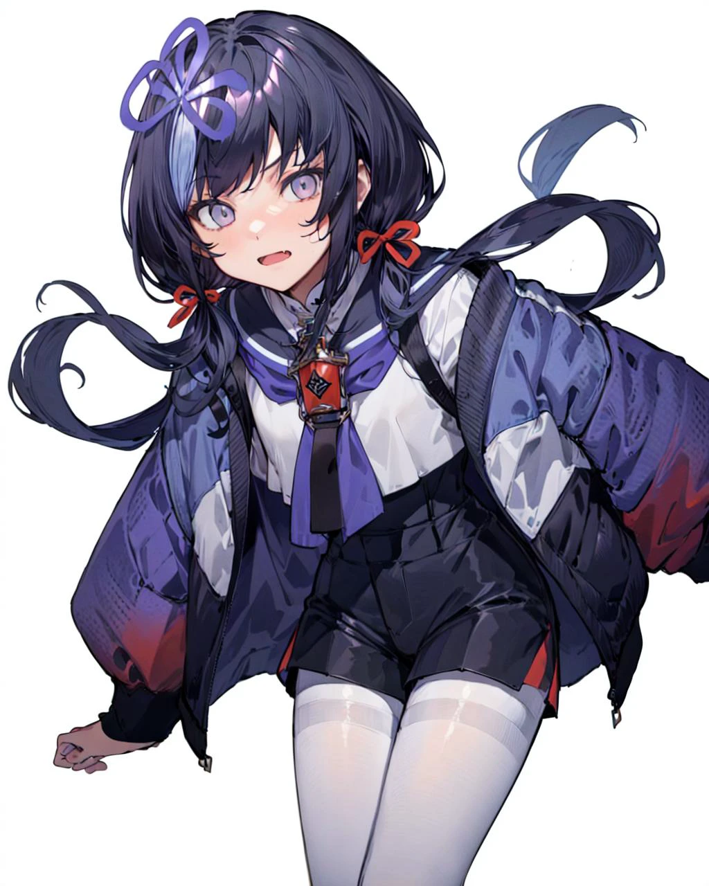 highres,ultra detailed,1girl,ponto nei,black hair,hair ribbon,hair ribbon,blue hair,grey eyes,low twintails,hair ornament,skin fang,sailor collar,neckerchief,white pantyhose,blue shorts,purple jacket,white background,leaning forward,<lora:ponto nei-v1:0.6>,