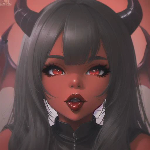 Ebony, perfect face, red lips, demon eyes, blowjob