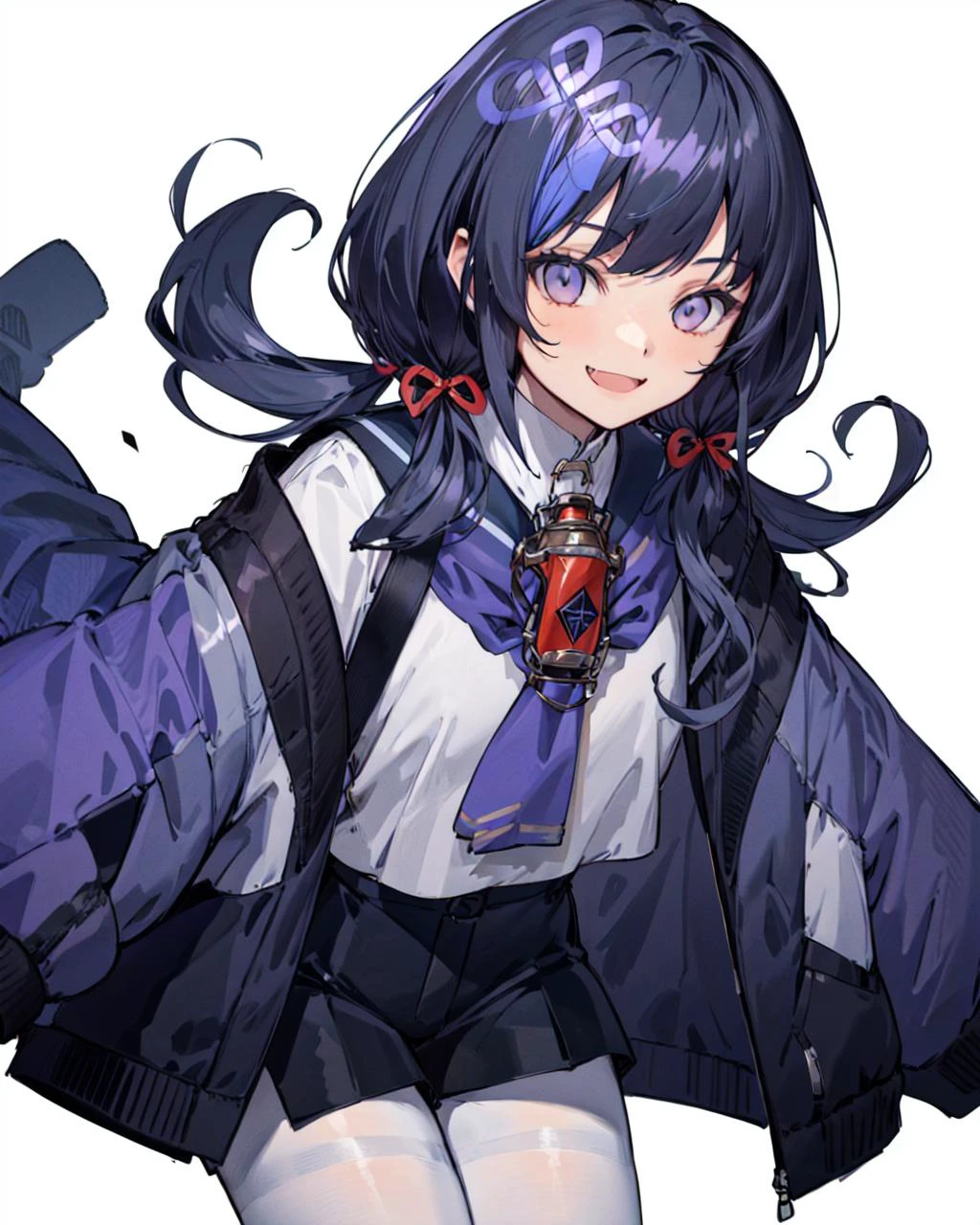 highres,ultra detailed,1girl,ponto nei,black hair,hair ribbon,hair ribbon,blue hair,grey eyes,low twintails,hair ornament,skin fang,sailor collar,neckerchief,white pantyhose,blue shorts,purple jacket,white background,smile,bent over,<lora:ponto nei-v1:0.6>,