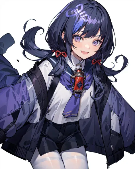 highres,ultra detailed,1girl,ponto nei,black hair,hair ribbon,hair ribbon,blue hair,grey eyes,low twintails,hair ornament,skin fang,sailor collar,neckerchief,white pantyhose,blue shorts,purple jacket,white background,smile,bent over,<lora:ponto nei-v1:0.6>,