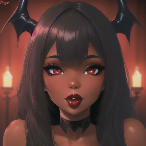 Ebony, perfect face, red lips, demon eyes, blowjob