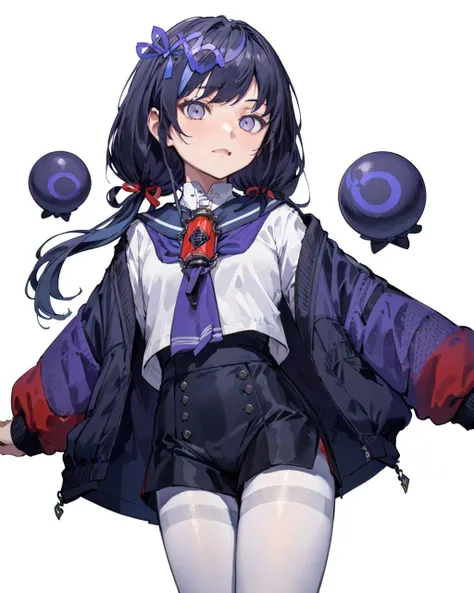 highres,ultra detailed,1girl,ponto nei,black hair,hair ribbon,hair ribbon,blue hair,grey eyes,low twintails,hair ornament,skin fang,sailor collar,neckerchief,white pantyhose,blue shorts,purple jacket,white background,from below, <lora:ponto nei-v1:0.6>