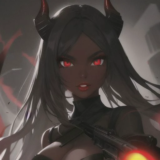 Ebony, perfect face, red lips, demon eyes, ak-47
