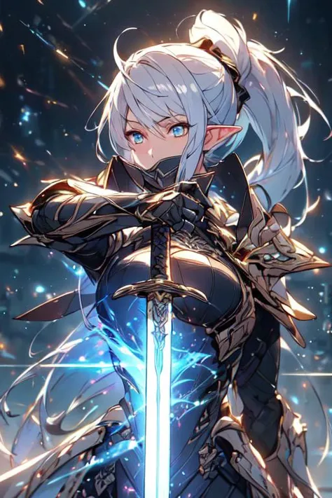 (best quality:1.2) (4k:1.) (very high resolution:1.1) , (realistic photograph:1.1) , (ultra detailed CG:1.1) ,
1girl elf , solo , (detailed face:1) , (small breasts:1) , (silver ponytail:1) ,
<lora:hailoknight12:1> (hailoknight:1) , (holding sword:1) , armored metal mask , glowing luxurious sword , movement , spark , light particles , determined , sweat , perspective , from side , looking away , upper body , lay tracing , stone architecture , <lora:epiNoiseoffset_v2-pynoise:1> (rim lighting:1)