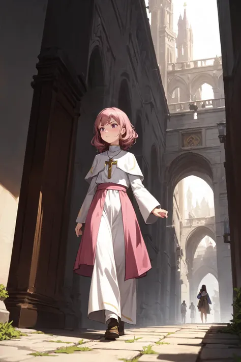 1 girl, (Medieval European Fantasy:1.2), best quality, amazing intricate, (looking away:1.2), (Various hairstyles:1.3), sullen expression,
(Priest:1.4),
Tan, small breasts,
medium hair, dark pink hair,
(Hall of the Adventurers' Guild:1.1),
walking, from front, from below, daytime, <lora:flat2:-0.4>