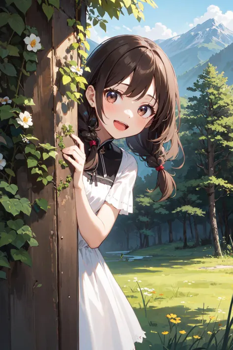 1 girl, best quality, ultra detailed, (minor:1.2),
dark brown hair, twin braids, dark brown eyes, round eyes, :d, small breasts,
peeking out upper body,
white dress,
in the forest, grass, flower, mountain in the distance, sky <lora:peeking_out_upper_body_pruned:1.8>