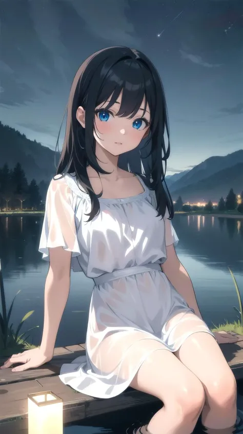 ((ultra detailed,ultra high res,detailed background)),(night),dark sky,landscape,lake,illumination,pond,1girl,white dress,black hair,blue eyes,sitting,