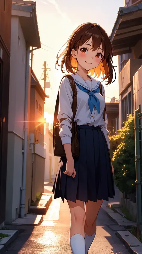 (ultra detailed,ultra high res,detailed background),alley,1girl,white school uniform,sideways,brown hair,hair over shoulder,solo focus,walking,shoulder bag,sunset,dusk,sunlight,light smile,looking at viewer,chiaroscuro,