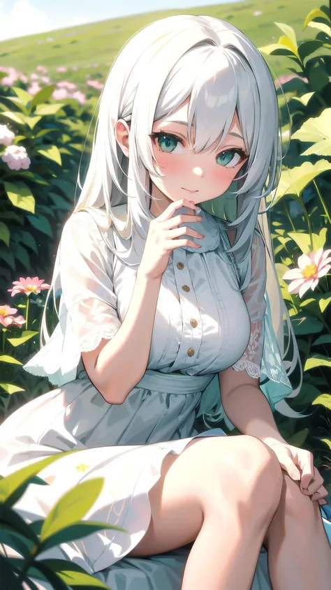 ((ultra detailed,ultra high res,detailed background)),1girl with long white hair sitting in a field of green plants and flowers, her hand under her chin, warm lighting, white dress, blurry foreground