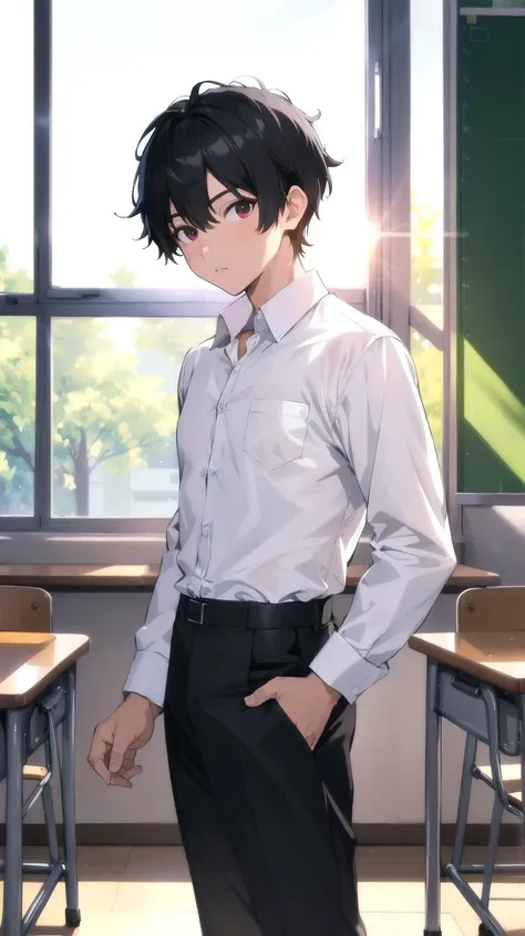 ((ultra detailed,ultra high res,detailed background)),lens flare, 1boy, male focus, classroom, solo, desk, indoors, shirt, school desk, black hair, white shirt, chair, window, collared shirt, school uniform, standing, short hair, pants, long sleeves, black pants,teenage,