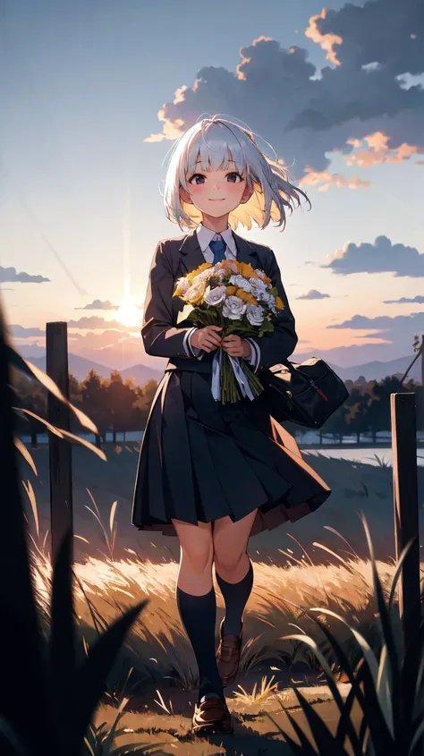 (ultra detailed,ultra high res,detailed background),((dusk)),Depth of Field,pov,tussock,overgrown,cloud sky,(dark sky),((backlighting)),(wind),HDR,high contrast,BREAK
1girl,(facing viewer),(school uniform),looking at viewer,full body,(holding bouquet),(white hair),(black eyes),(medium hair),(bowl cut),light smile,BREAK