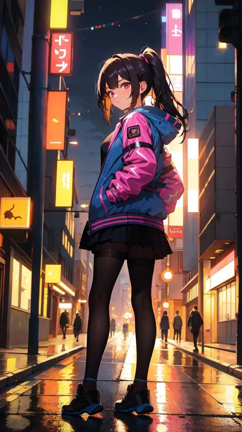 (ultra detailed,ultra high res,detailed background),night,looking back,neonbeat,dark sky,chiaroscuro,cityscape,crowded street,BREAK
1girl,young female,holographic jacket,hands in pockets,skirt, solo focus,sidewalk,backlighting,black pantyhose,BREAK