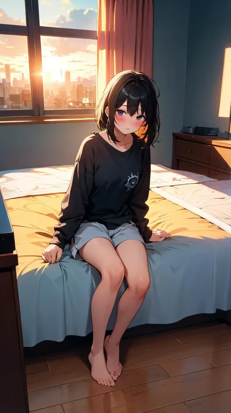 (ultra detailed,ultra high res,detailed background),hdr,chiaroscuro,pov,(bedroom),morning,(sunlight),window,closed curtains,cloudy sky,cityscape,floor,BREAK
1girl,black eye,medium hair,black hair,(messy sleeper),plate shorts,(sitting on bed),(waking up),full body,blush,BREAK