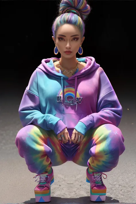 <lora:more_details:0.6>, 70s style, retro, woman wearing tye-dye hoodie, flared sweatpants, platform sneakers with rainbow laces, beaded headband, loose updo || masterpiece, perfect quality, sharp focus, shallow depth of field, 8k