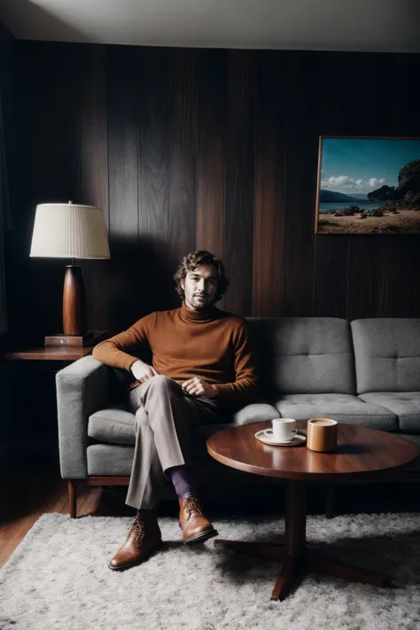 vintage 70s candid photo of a man, artist type, wearing striped turtleneck, wide-legged slacks, dress boots, (70s living room with shag carpeting and earth-toned furniture, a wood-paneled accent wall a lava lamp sits on the coffee table casting a warm groovy glow), soft lighting, high quality, film grain, Fujifilm XT3 <lora:add_detail:0.8> <lora:LowRA:0.8>