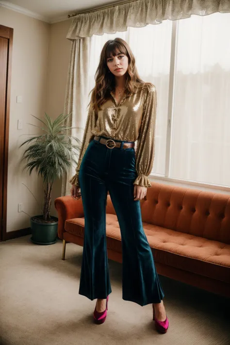 vintage 70s photo of a young woman, auburn side-swept bangs, wearing velvet blouse, brocade bell-bottoms, Mary Jane shoes, cameo pendant, (70s style disco fashion boutique: a boutique store selling disco fashion items like polyester suits, platform shoes, and sequined dresses), soft lighting, high quality, film grain, Fujifilm XT3 <lora:add_detail:0.8>