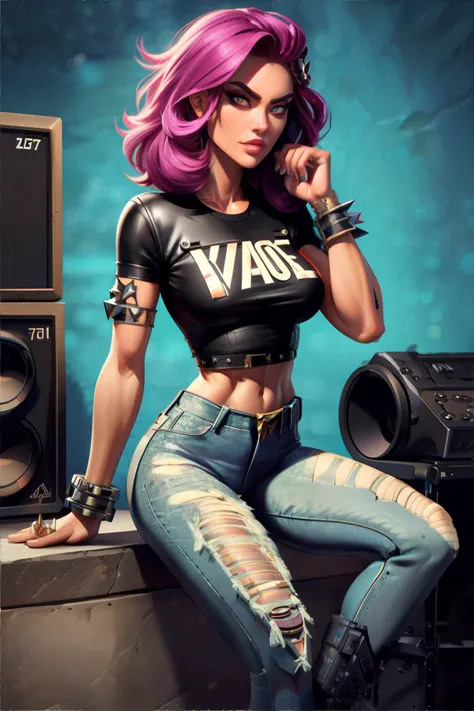 <lora:more_details:0.6>, 70s style, retro, woman wearing punk band t-shirt, ripped skinny jeans, combat boots, leather cuff bracelet, wedge || masterpiece, perfect quality, sharp focus, shallow depth of field, 8k