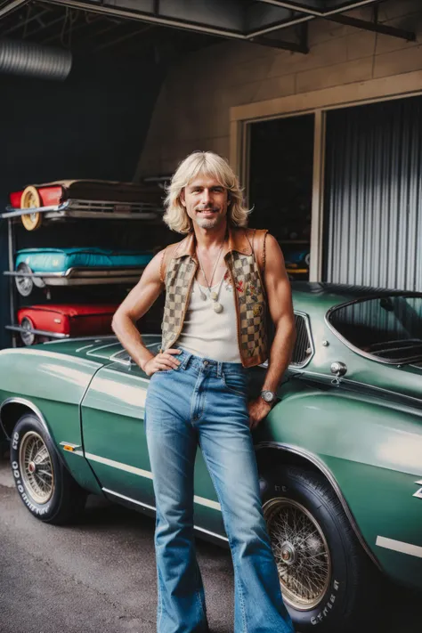 vintage 70s candid photo of a man, male, beach bum type, platinum blonde wedge cut, wearing embroidered vest, embroidered jeans, leather mules, (garage, the garage houses a vintage car under a checkered flag and a workbench stocked with tools posters of racing legends adorn the walls), soft lighting, high quality, film grain, Fujifilm XT3 <lora:add_detail:0.8> <lora:LowRA:0.8>