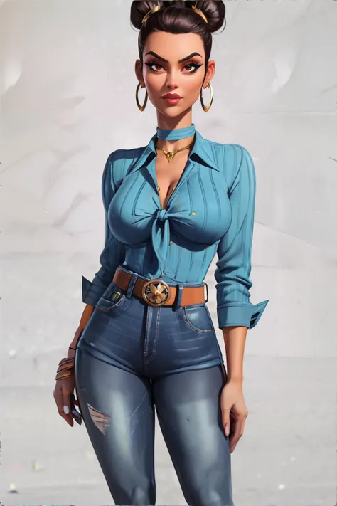 <lora:more_details:0.6>, 70s style, retro, woman wearing tie-neck blouse, high-waisted flared jeans, wedge sandals, statement belt buckle, high bun || masterpiece, perfect quality, sharp focus, shallow depth of field, 8k