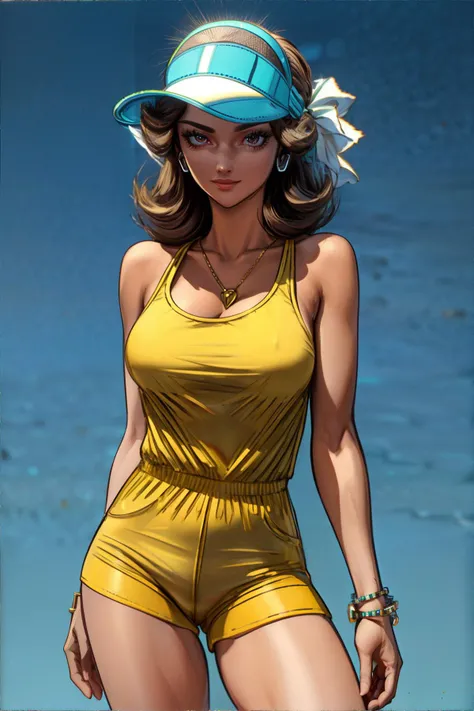 <lora:more_details:0.6>, 70s style, retro, woman wearing terry cloth romper, slip-on sneakers, visor hat, friendship bracelets, roller set || masterpiece, perfect quality, sharp focus, shallow depth of field, 8k