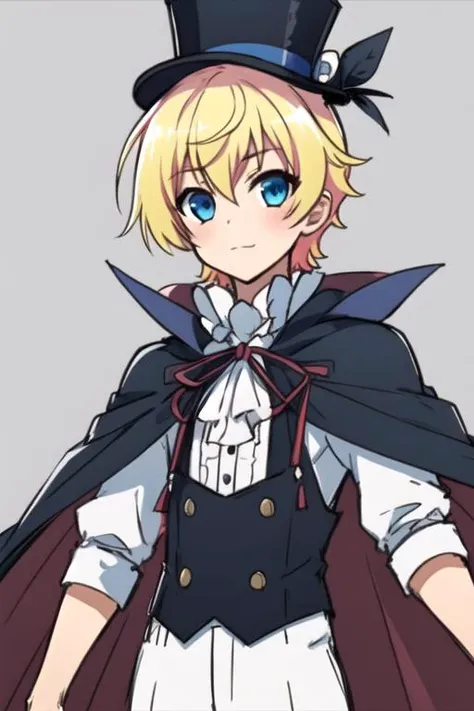 masterpiece, best quality, sketch, 1boy, solo, male focus, looking at viewer, , , ligne claire, , <lora:prince_akatsuki_choujin_koukousei-tachi:0.66>, prince_akatsuki_choujin_koukousei-tachi, blonde hair, blue eyes, top hat, mask, cape, , snapback, , 2k resolution