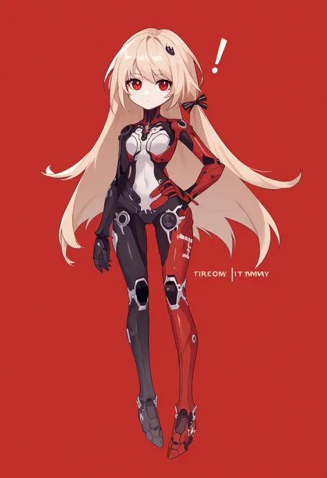 score_9, score_8_up, score_7_up, source_anime, NemesisTOFPony, Nemesis \(Tower of Fantasy\), 1girl, chibi, exclamation dot, cybersuit, red background, simple background, standing, full body, hand on hip, expressionless, looking at viewer, <lora:NemesisTOFPony:1>