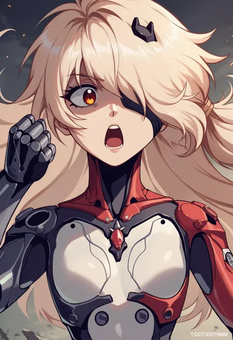 score_9, score_8_up, score_7_up, source_anime, NemesisTOFPony, Nemesis \(Tower of Fantasy\), 1girl, surprised face, shaded eyes, retro anime style, looking away, cybersuit, open mouth, fighting stance, upper body, eyepatch, hair over one eye,<lora:NemesisTOFPony:1>