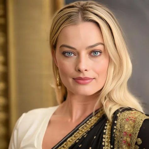 MargotRobbie,<lora:MargotRobbieSDXL:1>,woman wearing saree, background blur, portrait