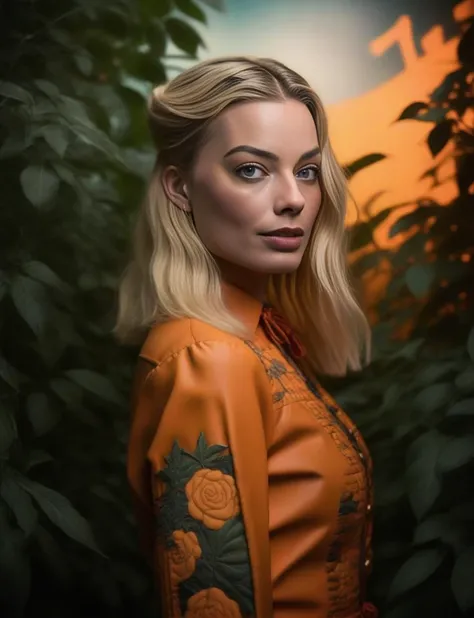 MargotRobbie, (art by David Michael Bowers:1.0) , photograph, Street level shot of a Overgrown (Girl:1.1) , Quilting, wearing deep orange Rockabilly clothing, Summer, Anime screencap, Folk Art, moody lighting, film grain, Sony A7, 800mm lens, anaglyph effect, <lora:MargotRobbieSDXL:1>