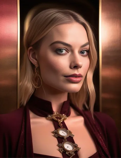 MargotRobbie, art by Toraji, photograph, Creative hourglass figure Venetian Girl, wearing 2000'S Burgundy Poulaine, Overdetailed art, Embarrassing, key light, film grain, Canon RF, Depth of field 100mm, three colors, <lora:MargotRobbieSDXL:1>