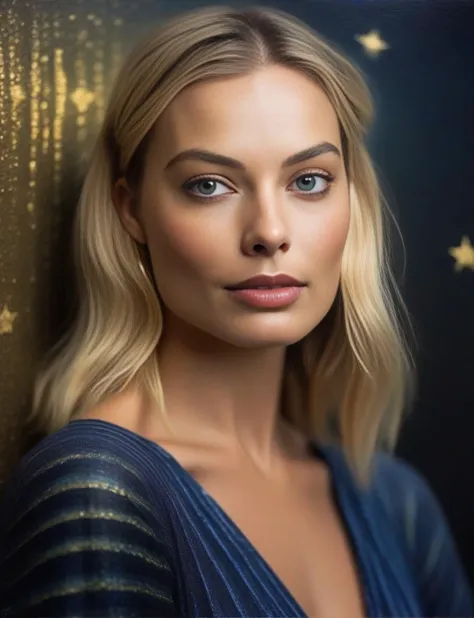 MargotRobbie, (art by Henri Le Sidaner:1.3) ,art by Bill Brauer, photograph, highly detailed, Sharp Murano tiny Qin Dynasty (Female:1.3) , Soul reaver, wearing Wide-leg pants and off-the-shoulder top in stripes patterns, Dark Pixie hairstyle, Stars in the sky, soft focus, Illustration, deep indigo lighting, film grain, Fuji superia 400, Depth of field 100mm, two colors, "She will be loved, and she will be loved.", <lora:MargotRobbieSDXL:1>