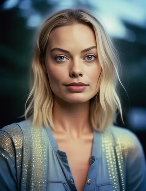 MargotRobbie, photograph, Bioluminescent Ugandan Girl, wearing Young Plating Skinny jeans and cardigan, Japanese Dashed Eyes, split diopter, Illustration, side light, film grain, Fuji superia 400, 80mm, Rule of Thirds, cinematic, <lora:MargotRobbieSDXL:1>