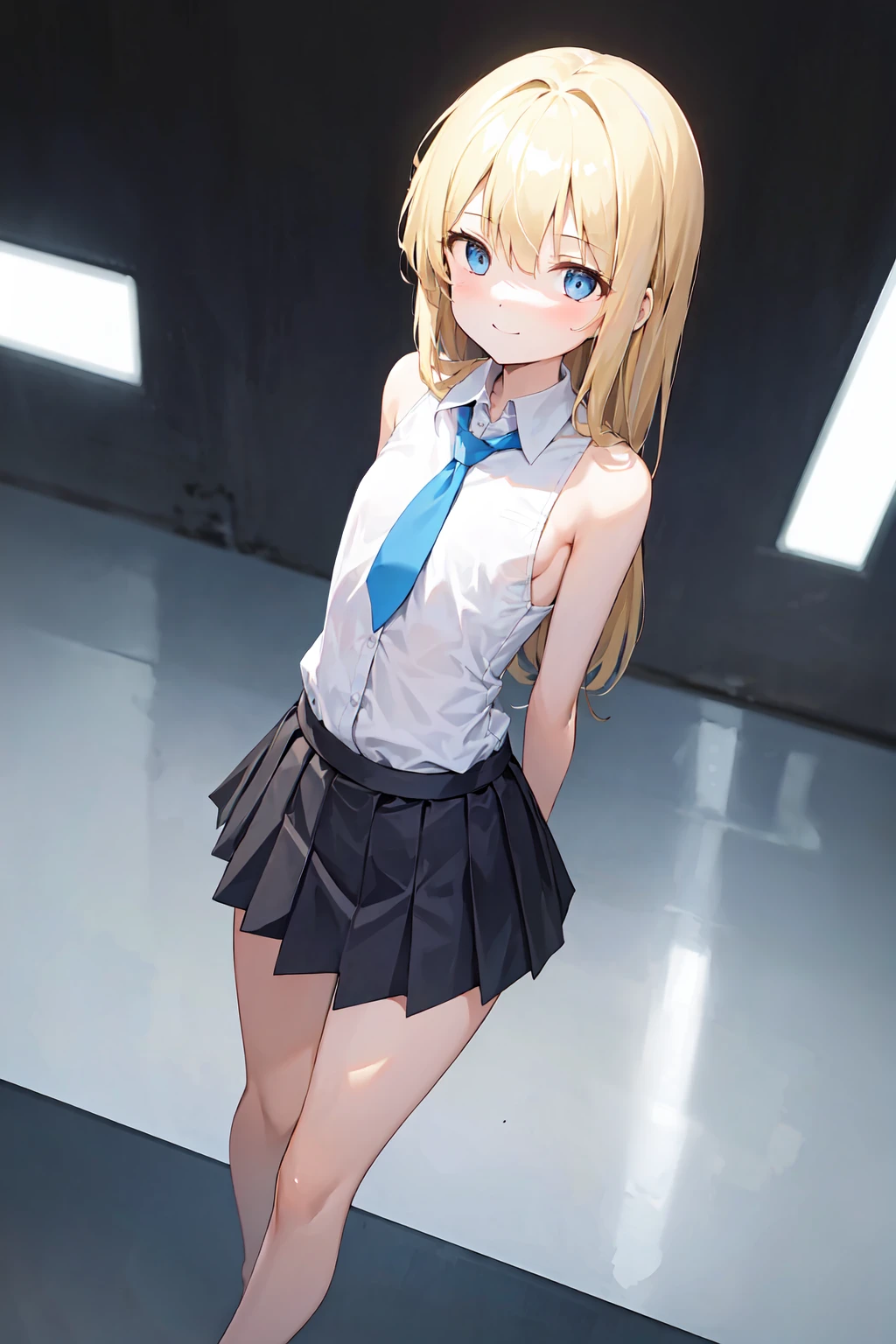masterpiece, best quality, 1girl, young girl,standing, looking up at viewer, smile, long hair, blonde hair, blue eyes, black skirt, pleated skirt,short sleeves, white shirt,bare legs, slim body,((flat chest)), ((arms behind back:1.3)), cute, head tilt, simple background
