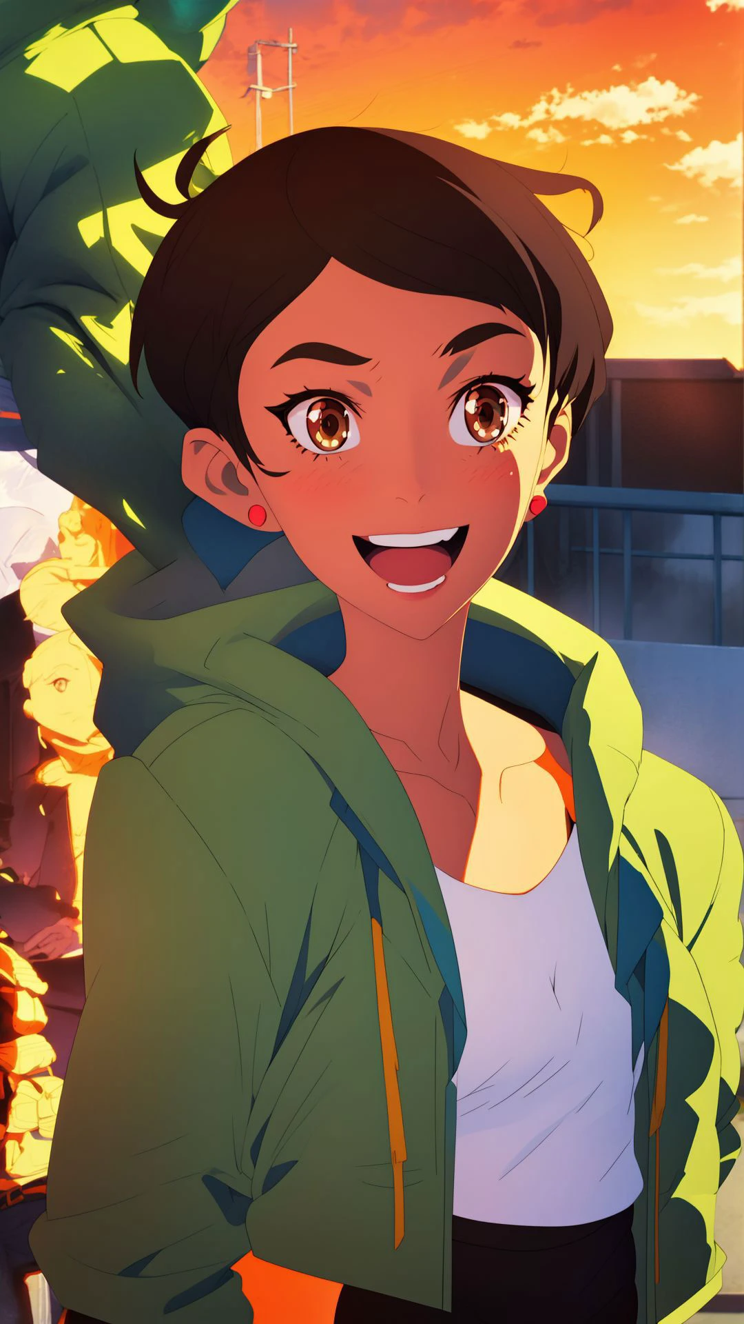 masterpiece, best quality, mawsLoisLane, 1girl, solo, black hair, short hair, brown hair, upper body, smile, shirt, white shirt, looking at viewer, outdoors, arms behind back, tan, long jacket, open mouth, black leggings, earrings, sunlight, <lora:LoisLane:1>