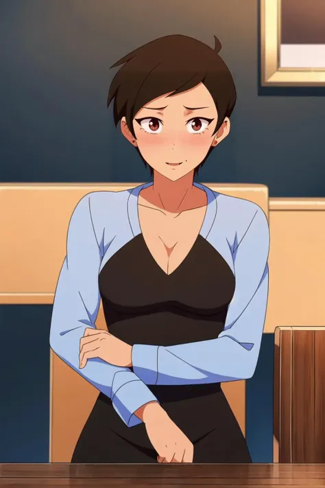masterpiece, best quality, mawsloislane, 1girl, (smiling:0.75), blushing, solo, tanned, brown hair, short hair, upper body, wearing fancy clothes, (petite, small breasts:1.1), indoors, fancy restaurant background, sitting, mahogany wood table, mahogany wood chair, (painting:0.8), (dim lighting:1.1), (detailed background:1.1), <lora:LoisLane:0.9>