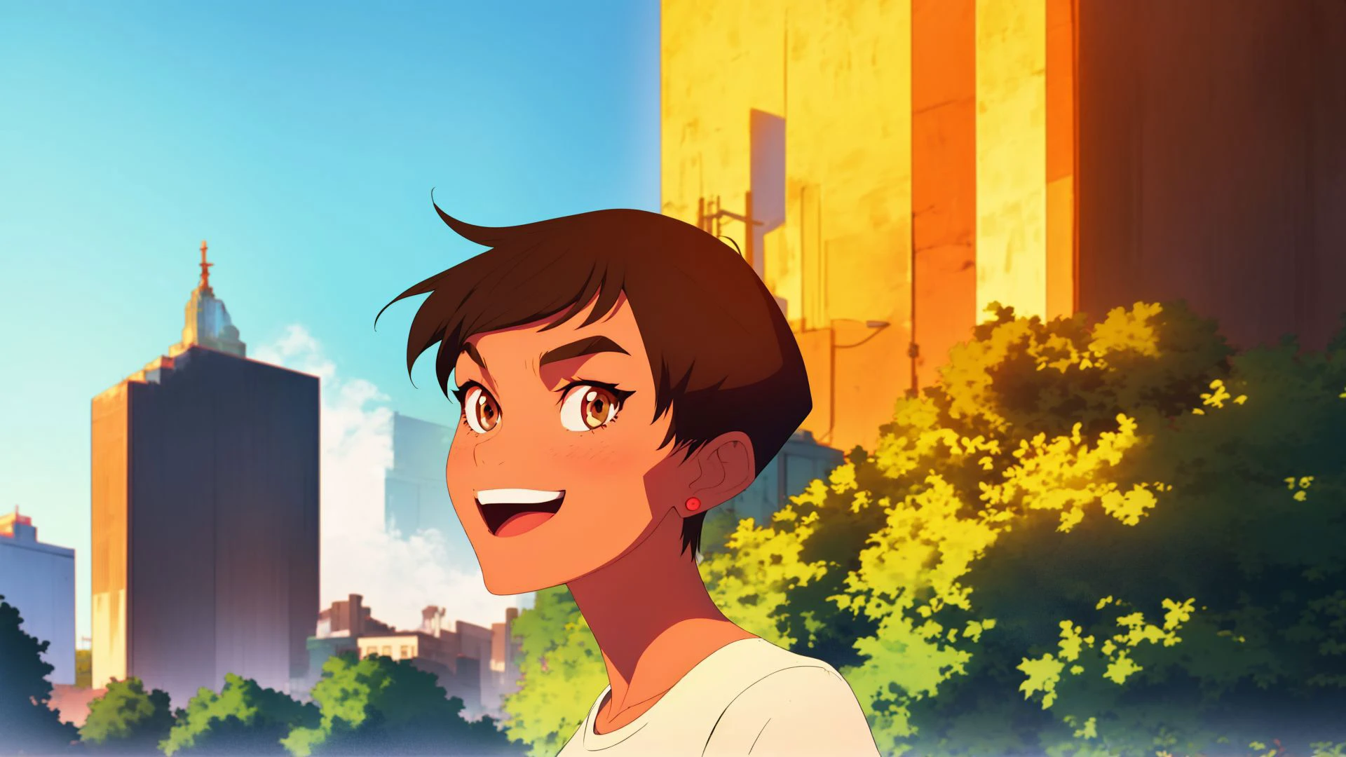 <lora:LoisLane:1>,masterpiece,best quality,mawsLoisLane,1girl,solo,black hair,short hair,brown hair,upper body,smile,shirt,white shirt,looking at viewer,outdoors,arms behind back,tanned,open mouth,black leggings,earrings,sunlight,embellishment,