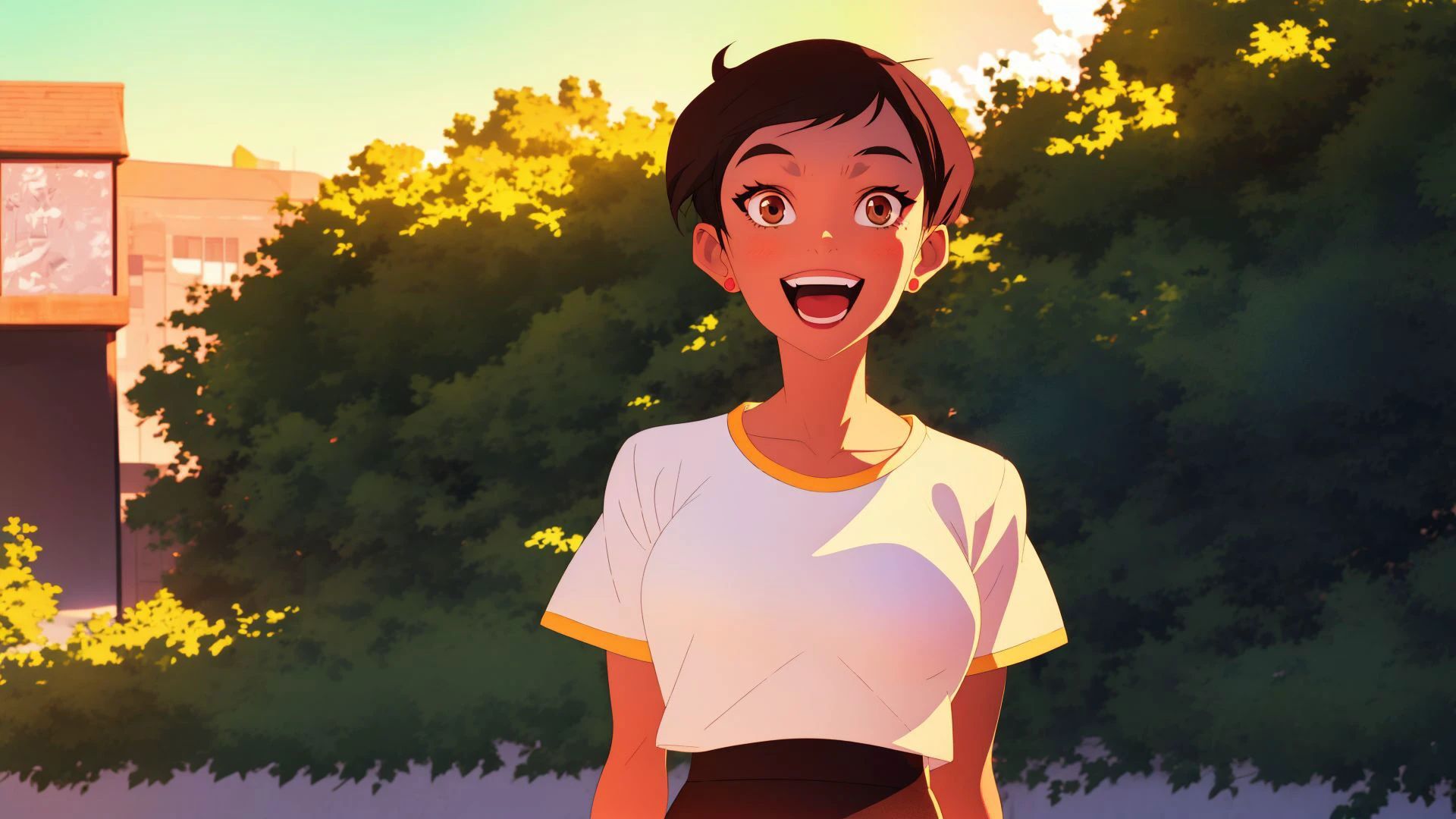 <lora:LoisLane:1>,masterpiece,best quality,mawsLoisLane,1girl,solo,black hair,short hair,brown hair,upper body,smile,shirt,white shirt,looking at viewer,outdoors,arms behind back,tanned,open mouth,black leggings,earrings,sunlight,embellishment,