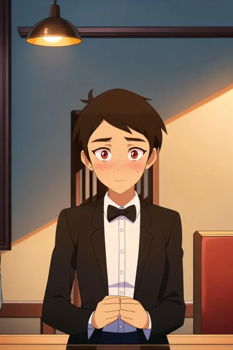 masterpiece, best quality, mawsloislane, (solo, female focus, 1girl:1.05), blushing, solo, tanned, brown hair, short hair, upper body, wearing a black suit, bowtie, (petite, small breasts:1.1), indoors, fancy restaurant background, sitting, mahogany wood table, mahogany wood chair, lamp, (dim lighting, atmospheric lighting:1.1), (detailed background:1.1), <lora:LoisLane:0.9>