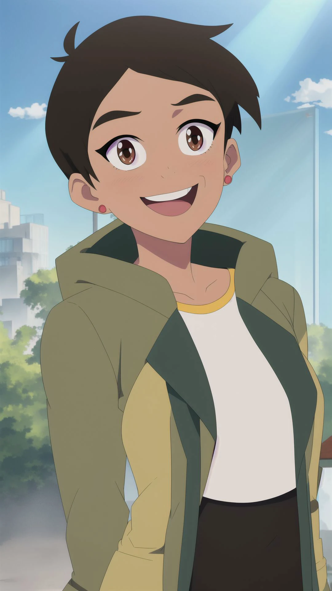 masterpiece, best quality, mawsLoisLane, 1girl, solo, black hair, short hair, brown hair, upper body, smile, shirt, white shirt, looking at viewer, outdoors, arms behind back, tan, long jacket, open mouth, black leggings, earrings, sunlight, <lora:LoisLane:1>