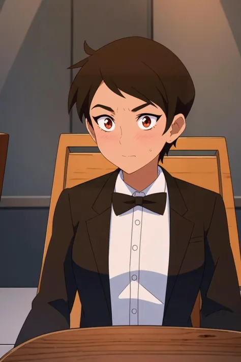 masterpiece, best quality, mawsloislane, (solo, female focus, 1girl:1.05), blushing, solo, tanned, brown hair, short hair, upper body, wearing a black suit, bowtie, (petite, small breasts:1.1), indoors, fancy restaurant background, sitting, mahogany wood table, mahogany wood chair, (candles:0.8), (dim lighting, atmospheric lighting:1.1), (detailed background:1.1), <lora:LoisLane:0.9>