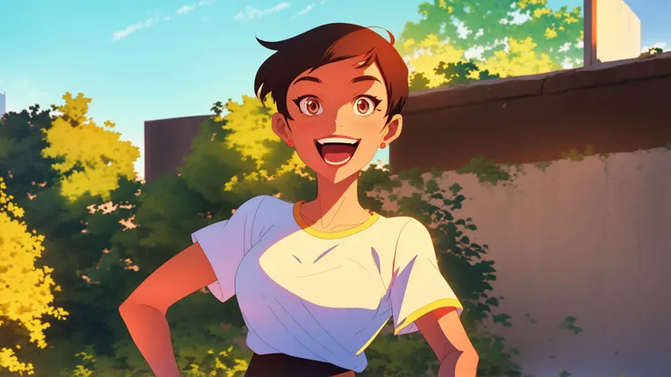 <lora:LoisLane:1>,masterpiece,best quality,mawsLoisLane,1girl,solo,black hair,short hair,brown hair,upper body,smile,shirt,white shirt,looking at viewer,outdoors,arms behind back,tanned,open mouth,black leggings,earrings,sunlight,embellishment,