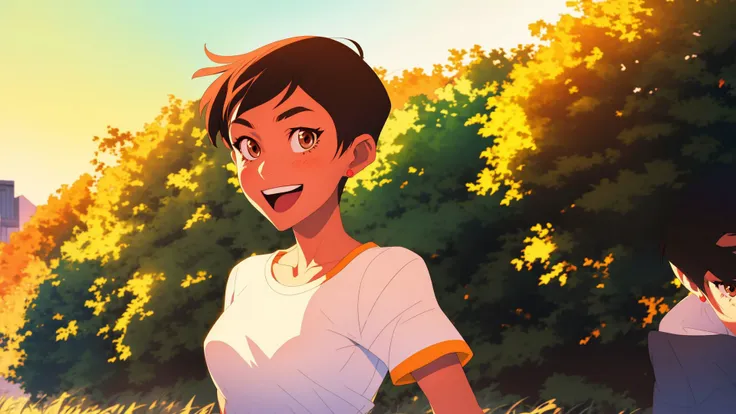 <lora:LoisLane:1>,masterpiece,best quality,mawsLoisLane,1girl,solo,black hair,short hair,brown hair,upper body,smile,shirt,white shirt,looking at viewer,outdoors,arms behind back,tanned,open mouth,black leggings,earrings,sunlight,embellishment,