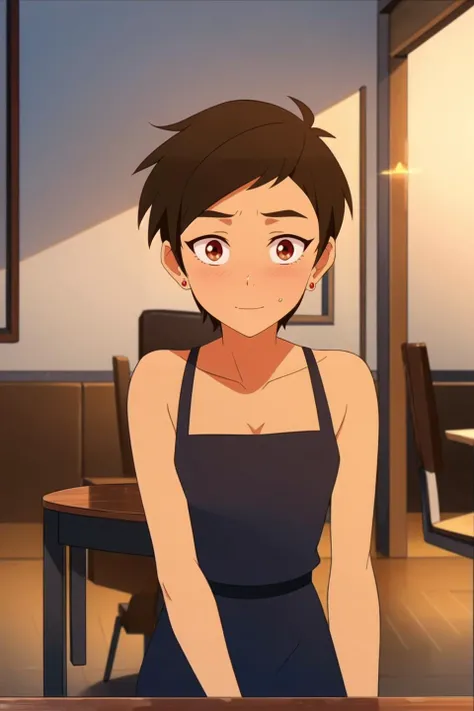 masterpiece, best quality, mawsloislane, (solo, female focus, 1girl:1.05), (half smile:0.75), blushing, solo, tanned, brown hair, short hair, upper body, wearing a fancy dark dress, jewelry, (petite, small breasts:1.1), indoors, fancy restaurant background, sitting, mahogany wood table, mahogany wood chair, (painting:0.8), (candles:0.8), (dim lighting, atmospheric lighting:1.1), (detailed background:1.1), <lora:LoisLane:0.8>