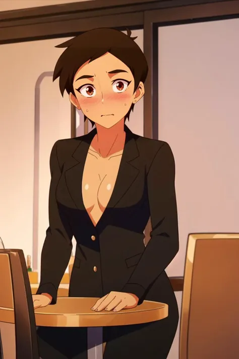 masterpiece, best quality, mawsloislane, 1girl, blushing, solo, tanned, brown hair, short hair, upper body, wearing a black suit, (petite, small breasts:1.1), indoors, fancy restaurant background, sitting, mahogany wood table, mahogany wood chair, (dim lighting:1.1), (detailed background:1.1), <lora:LoisLane:0.9>