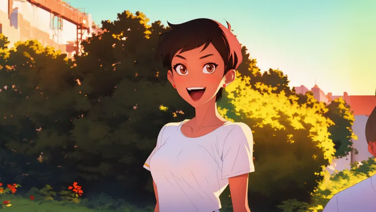 <lora:LoisLane:1>,masterpiece,best quality,mawsLoisLane,1girl,solo,black hair,short hair,brown hair,upper body,smile,shirt,white shirt,looking at viewer,outdoors,arms behind back,tanned,open mouth,black leggings,earrings,sunlight,embellishment,